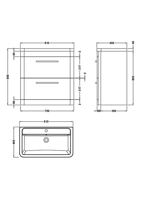 Hudson Reed Solar 800mm Floor Standing 2 Drawer Vanity Unit With Ceramic Basin
