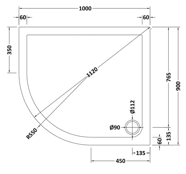 Offset Quadrant Slimline Shower Tray Left Hand 1000 x 900mm