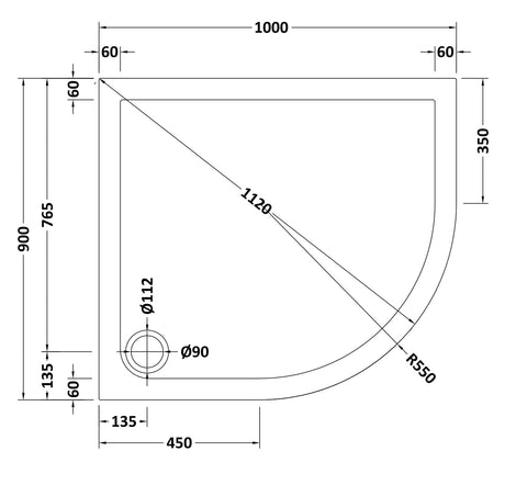 Offset Quadrant Slimline Shower Tray Right Hand 1000 x 900mm