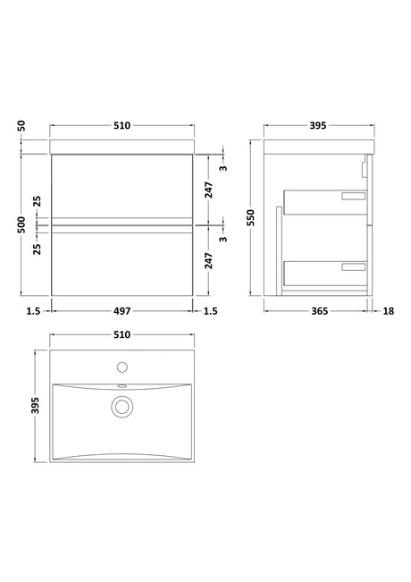 Hudson Reed Urban 500mm Wall Hung 2 Drawer Vanity Unit with Basin