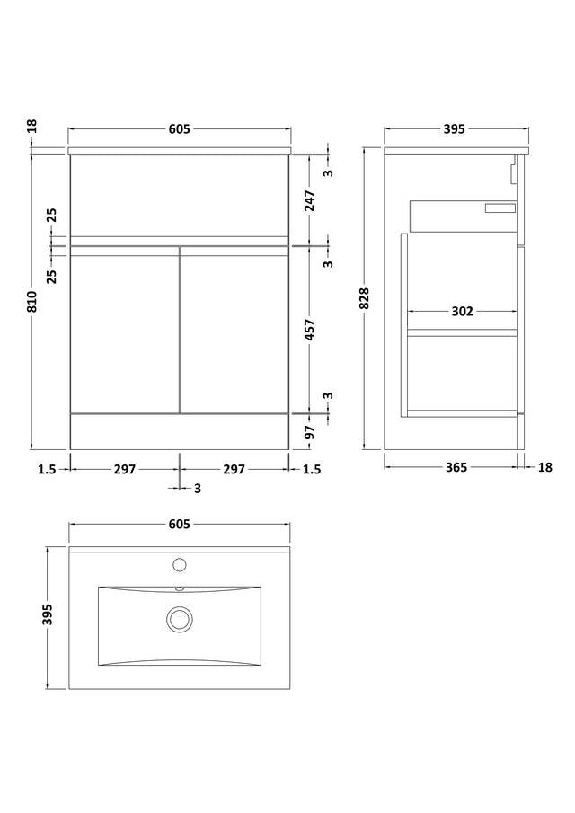 Hudson Reed Urban 600mm Satin White Floor Standing 2 Door 1 Drawer Vanity Unit with Basin