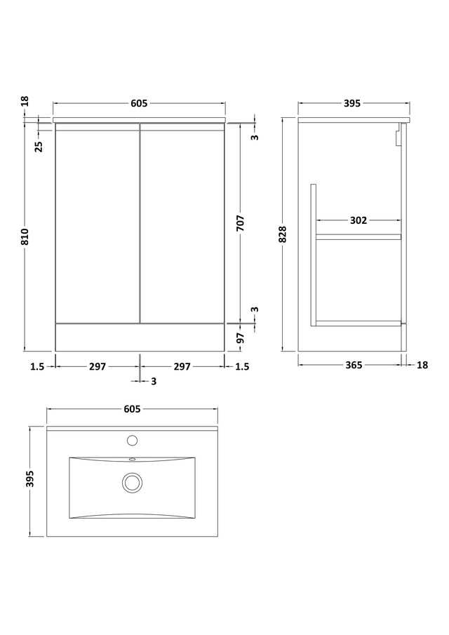 Hudson Reed Urban 600mm Soft Black Floor Standing 2 Door Vanity Unit With Basin