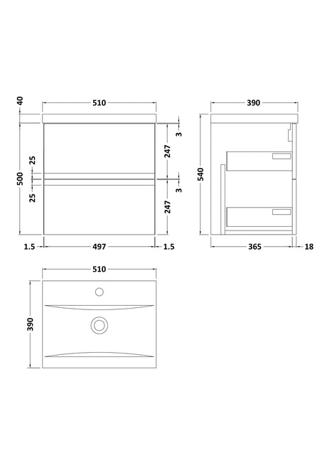 Hudson Reed Urban 500mm Wall Hung 2 Drawer Vanity Unit with Basin