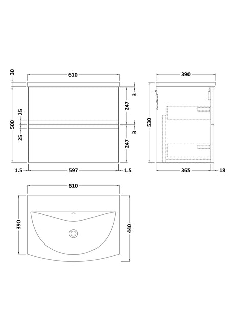 Hudson Reed Urban 600mm Wall Hung 2 Drawer Vanity Unit with Curved Basin