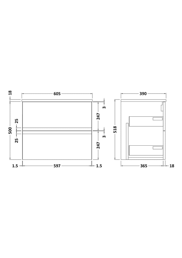 Hudson Reed Urban 600mm Satin Blue Wall Hung 2 Drawer Vanity Unit With Worktop