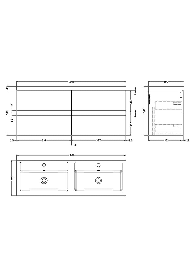 Hudson Reed Urban 1205mm Satin Green Wall Hung 4-Drawer Vanity Unit with Double Polymarble Basin