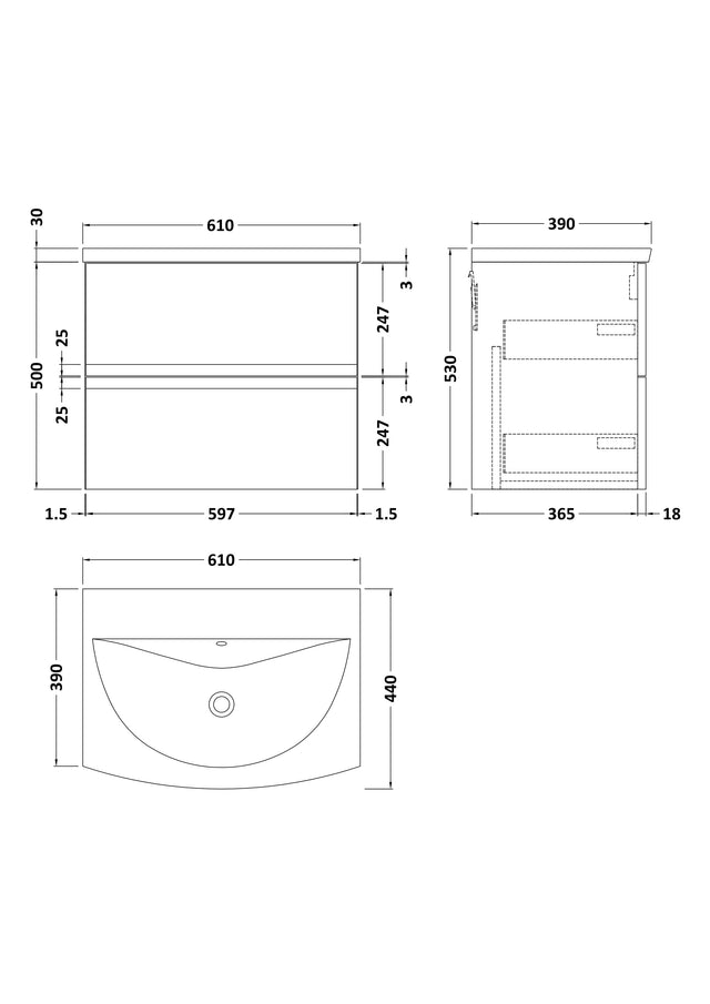 Hudson Reed Urban 600mm Wall Hung 2-Drawer Unit and 1 Tap Hole Basin