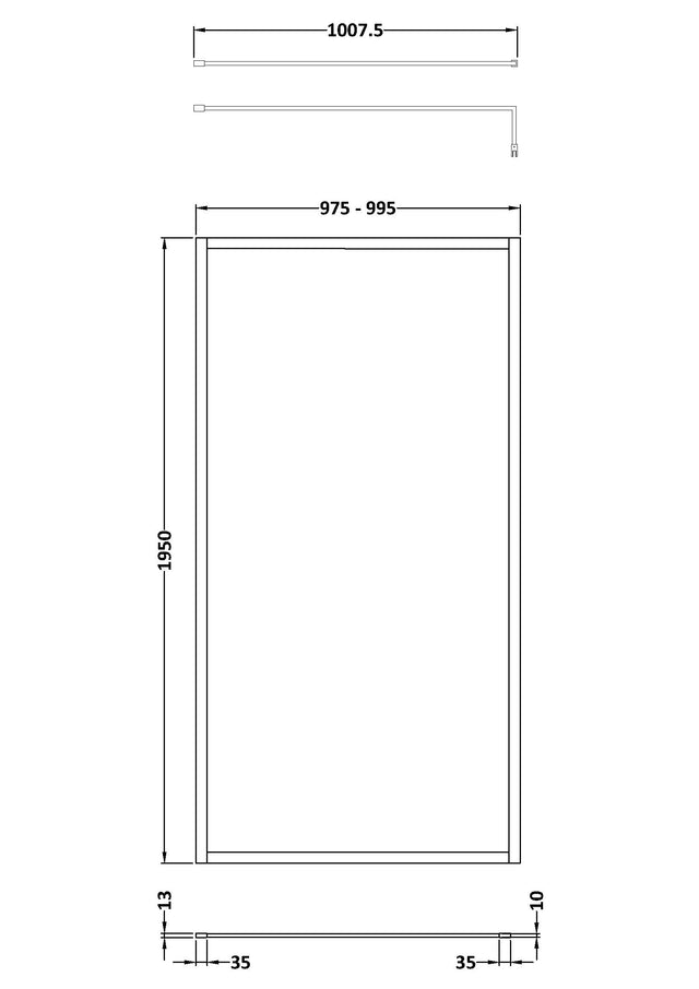 Full Outer Frame Wetroom Screens Full Outer Frame Wetroom 8mm Toughened Safety Glass Screen & Support Bar 1950mm x 1000mm x 8mm