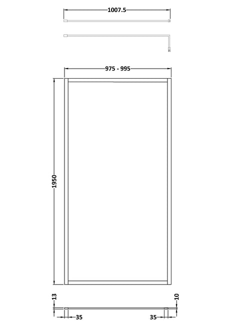 Full Outer Frame Wetroom Screens Full Outer Frame Wetroom 8mm Toughened Safety Glass Screen & Support Bar 1950mm x 1000mm x 8mm