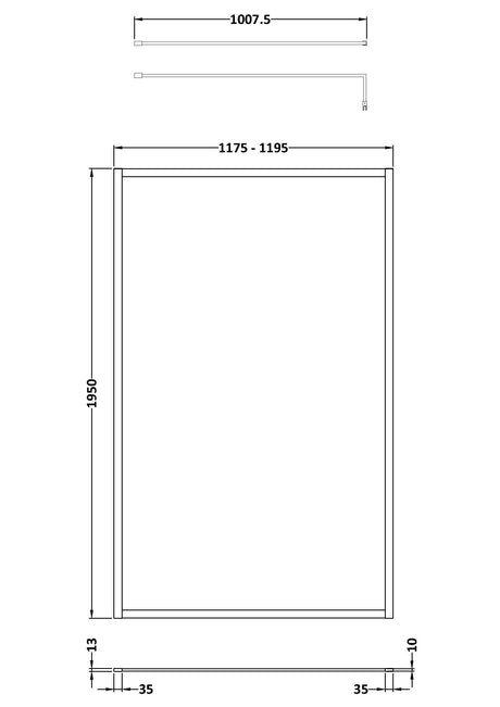 Full Outer Frame Wetroom Screens Full Outer Frame Wetroom 8mm Toughened Safety Glass Screen & Support Bar 1950mm x 1200mm x 8mm
