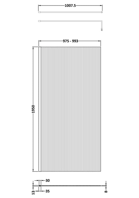 1000mm x 1950mm Fluted Wetroom Screen Inc' Bar Polished Chrome