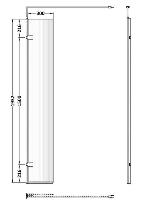 Fluted Wetroom Fluted Wetroom 8mm Toughened Safety Glass Swing Return Screen, 300mm x 1950mm
