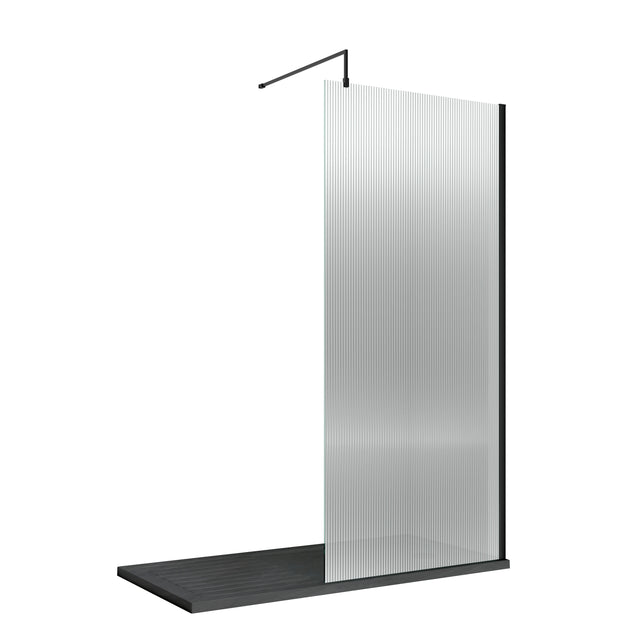800mm Fluted Wetroom Screen with Support Bar Matt Black