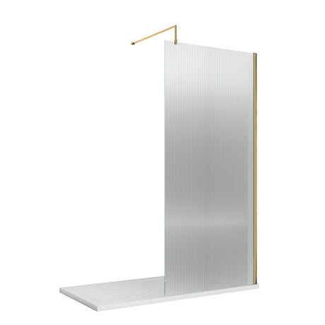 900mm Fluted Wetroom Screen with Support Bar Brushed Brass