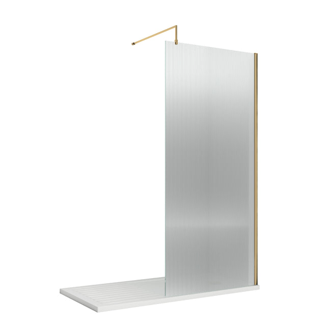 900mm Fluted Wetroom Screen with Support Bar Brushed Brass
