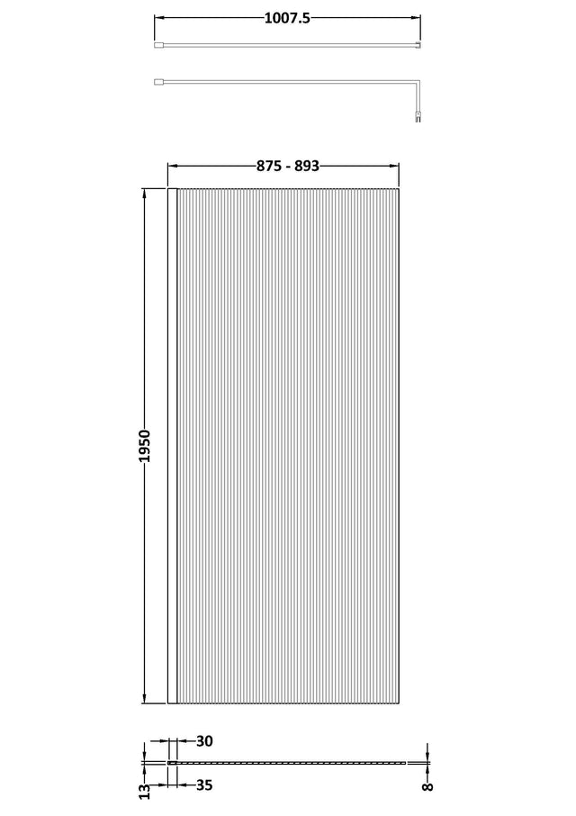 900mm Fluted Wetroom Screen with Support Bar Brushed Brass