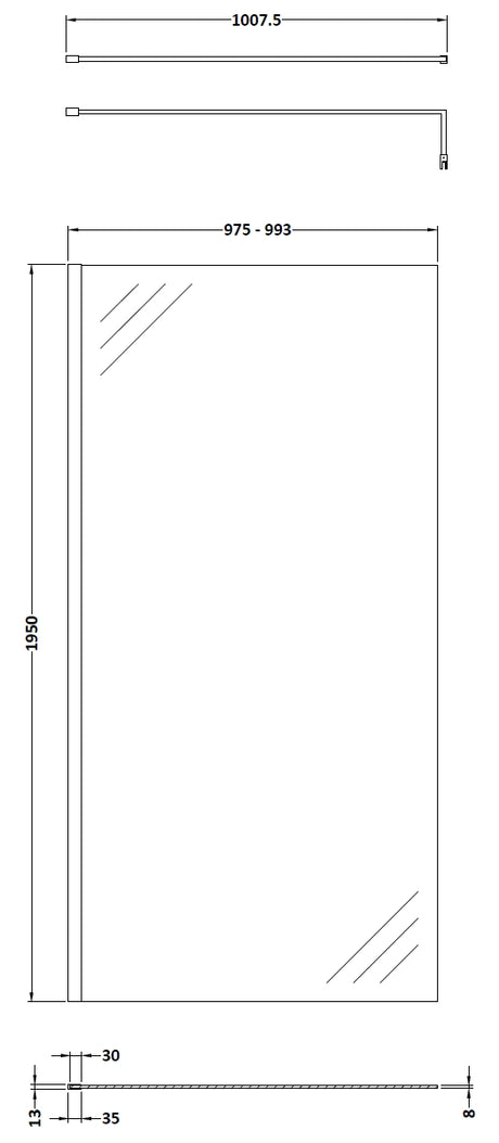 1000mm Wetroom Screen With Brass Support Bar