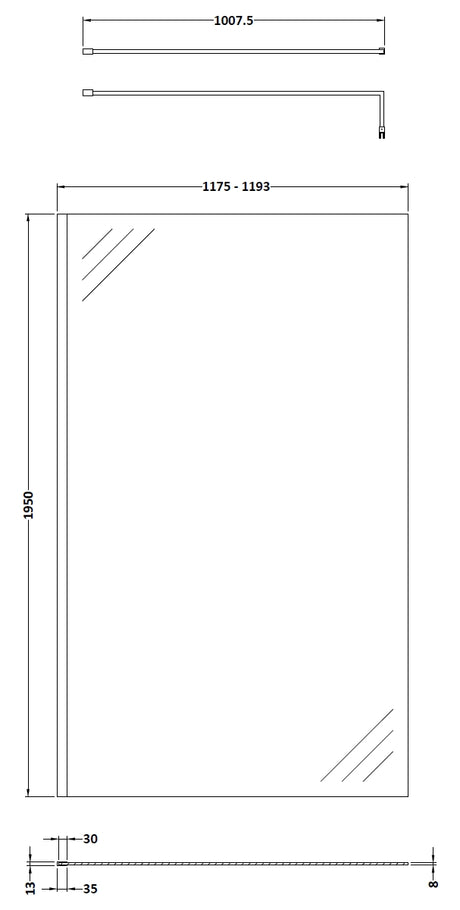 1200mm Wetroom Screen With Brass Support Bar
