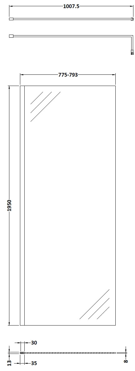 800mm Wetroom Screen With Brass Support Bar