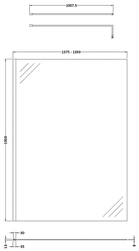 1400mm Wetroom Screen With Black Support Bar