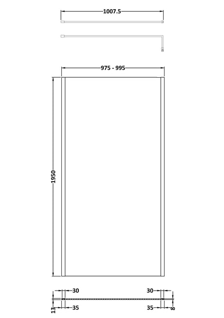 1000mm Outer Framed Wetroom Screen with Support Bar
