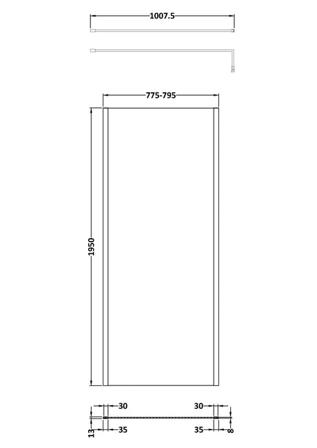 800mm Outer Framed Wetroom Screen with Support Bar